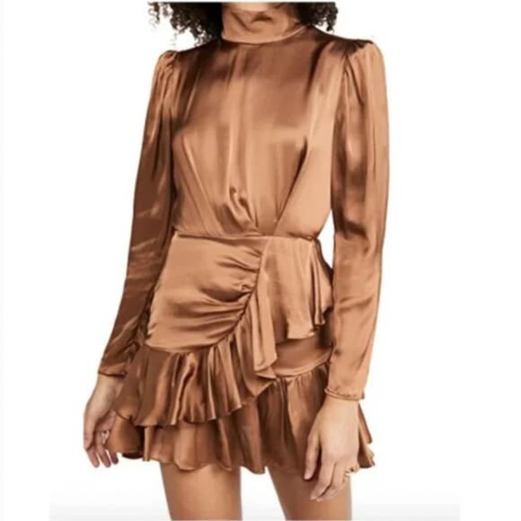 IRO Osiam Satin Ruffle Mini Dress in Camel - Picture 1 of 10